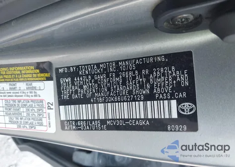 2006 Toyota Camry Xle V6 из США, поврежденный, VIN 4T1BF30K66U627129